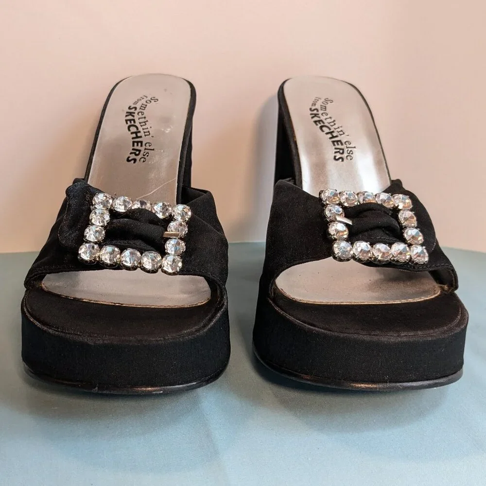 Vintage Chunky Heel Shimmer Black Platform Skechers Rhinestone Buckle Heels - Picture 6 of 16